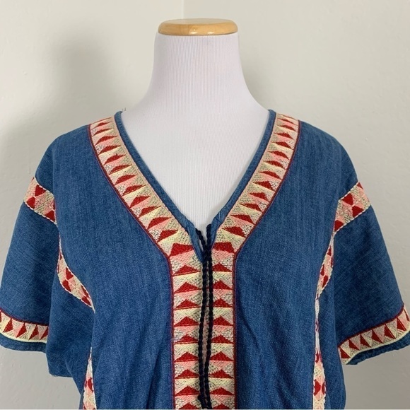 Zara TRF Denim Chambray Embroidered Dress Women’s S Pockets Colorful Boho - Picture 3 of 15